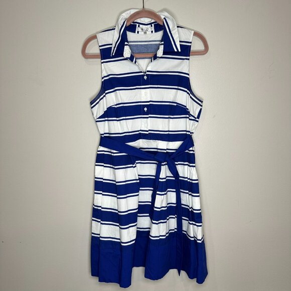 Milly Dress White Navy Stripes Size 14 Sleeveless Belt Button Front Pockets - Picture 1 of 10
